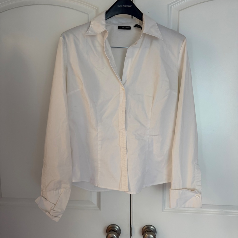 New York & Company White Stretch Button Down Shirt Long Sleeve Women Large